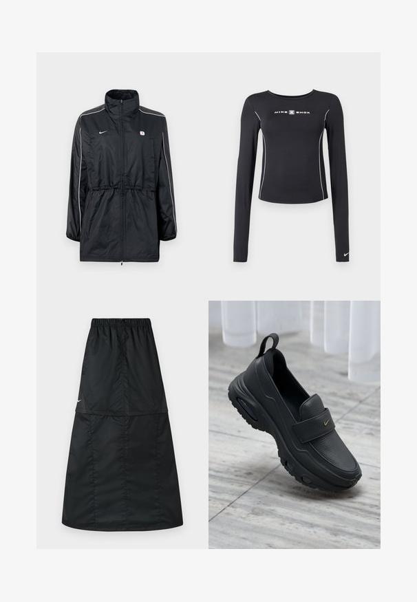 Sort vindjakke med høj krave, lynlåslukning, justerbar snor i taljen og hvide striber på siderne. Logo på brystet.; Sort atletisk langærmet top med rund halsudskæring, tætsiddende pasform, hvide kontrastsømme og "NIKE SHOX" logo i midten.; Sort atletisk nederdel lavet af let, glat nylonstof. Har elastisk taljebånd og et enkelt, langt, A-formet design.; Sort læder slip-on sko med flad sål, tekstureret finish, polstret overdel og guldfarvet logo-accent. Designet for komfort og nem påtagning.