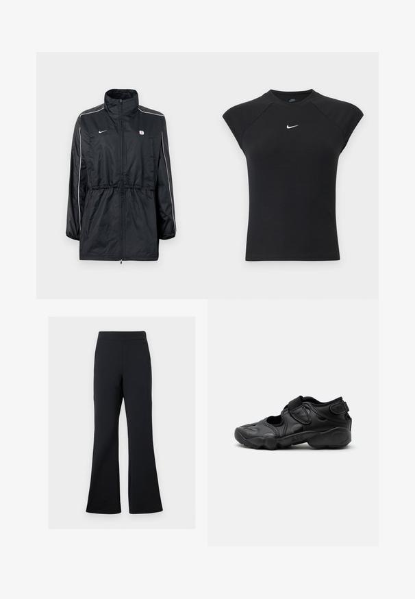 Sort vindjakke med høj krave, lynlåslukning, justerbar snor i taljen og hvide striber på siderne. Logo på brystet.; Sort ærmeløs ribstrikket Nike top med rund hals og hvid Swoosh-logo centreret på brystet.; Sorte flared bukser lavet af blødt stof med elastisk talje og en diskret sidelomme, der har en glat tekstur og minimalistisk design.; Sort atletisk sandal med lukket tå, velcro stropper ved mellemfoden og hælen samt tyk polstret sål markeret med "AIR" på siden.