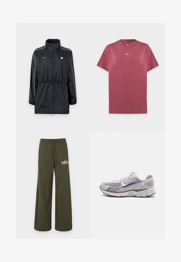 Sort vindjakke med høj krave, lynlåslukning, justerbar snor i taljen og hvide striber på siderne. Logo på brystet.; Enkelt vinrødt Nike T-shirt med korte ærmer, rund hals og lille hvid Nike swoosh-logo centreret på brystet.; Olivengrønne viddeben sweatpants med elastisk talje og snoretræk, med hvidt "Nike Athletic Club" logo på venstre lår.; Nike atletik sko med en hvid mesh-overdel med sølvaccenter, pink detaljer og en tyk, polstret, struktureret sål.