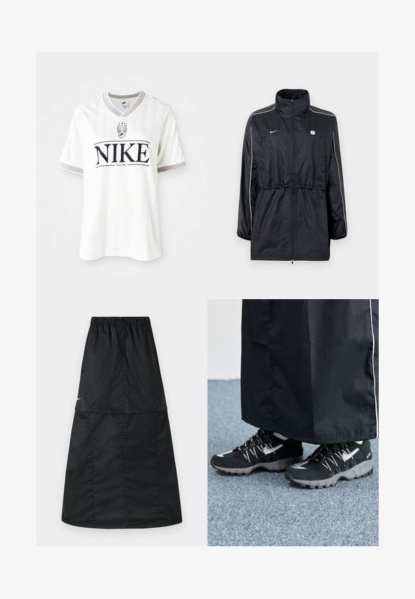 Sort vindjakke med høj krave, lynlåslukning, justerbar snor i taljen og hvide striber på siderne. Logo på brystet.; Hvid Nike t-shirt med korte ærmer, der har lodrette striber, en grå krave og et fremtrædende sort logo med teksten "Since 1972".; Sort atletisk nederdel lavet af let, glat nylonstof. Har elastisk taljebånd og et enkelt, langt, A-formet design.; Sorte sportsko med en struktureret overdel, sølvdetaljer og en mønstret ydersål, parret med et langt sort plagg. Sat mod blå tæpper.