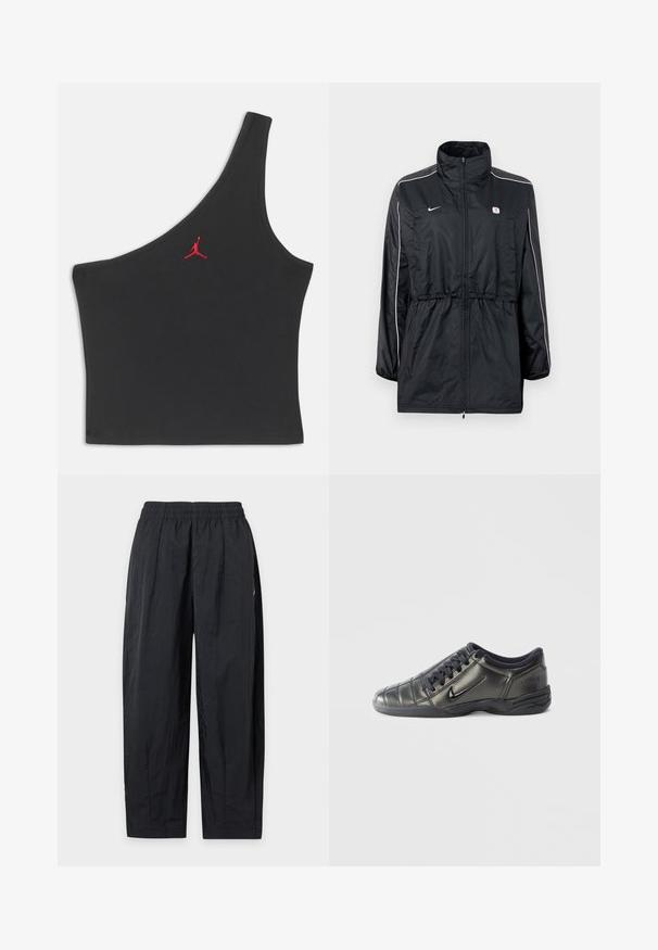 Veste coupe-vent noire avec un col montant, fermeture éclair, taille ajustable avec cordon de serrage, et bandes blanches sur les côtés. Logo sur la poitrine.; Haut court noir à une épaule avec logo Jumpman rouge brodé au centre de la poitrine sur un fond uni.; Pantalon noir ample avec taille élastique, en tissu léger, présenté à plat sur fond blanc.; Baskets Nike basses noires avec des lacets, des détails cousus et une semelle texturée sur un fond blanc uni.