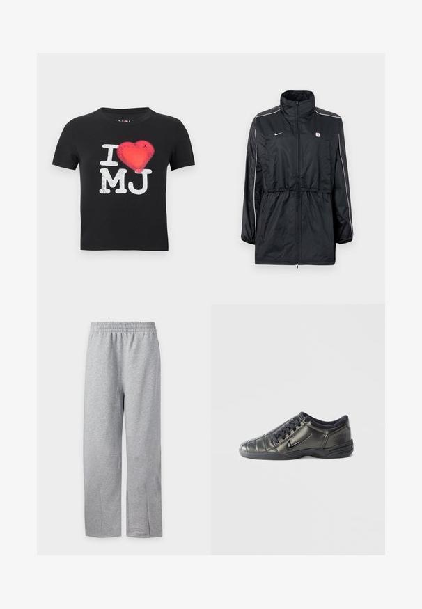 Veste coupe-vent noire avec un col montant, fermeture éclair, taille ajustable avec cordon de serrage, et bandes blanches sur les côtés. Logo sur la poitrine.; T-shirt noir à manches courtes avec le texte blanc "I MJ" et un graphique de cœur rouge remplaçant le mot "love" au centre.; Pantalon de survêtement gris clair avec taille élastique et jambes droites, présenté sur fond blanc uni.; Baskets Nike basses noires avec des lacets, des détails cousus et une semelle texturée sur un fond blanc uni.
