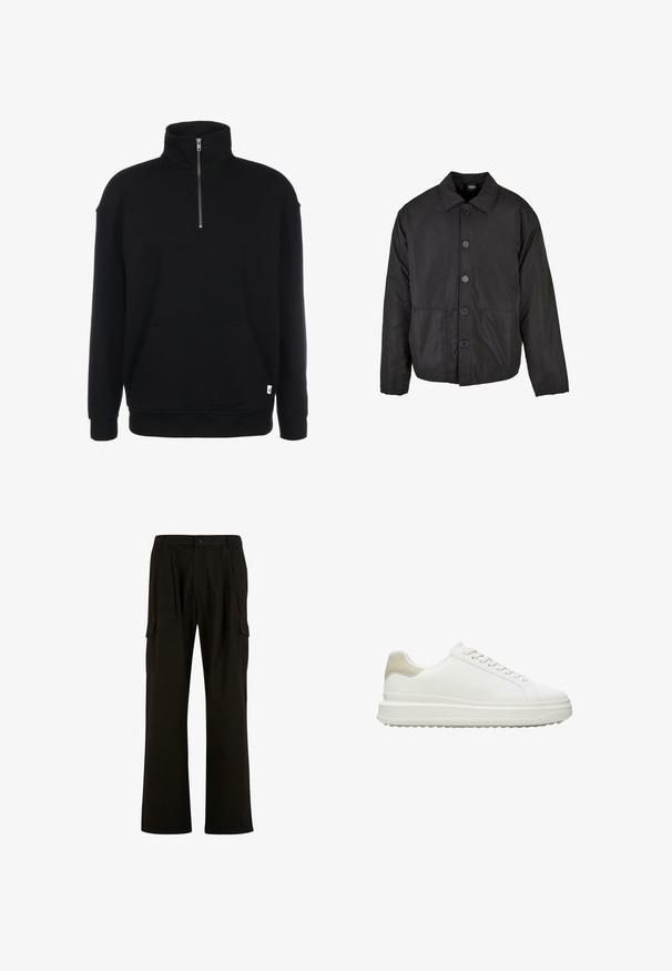 Sort skjortejakke lavet af et glat, letvægtsstof. Har krave, lange ærmer og to forlommer.; Sort zip-hals sweatshirt med lange ærmer, blød tekstur, en frontlomme, og et lille grønt logo ved kanten.; Urban Classics WIDE - Cargobukser - black; Hvide sneakers lavet af glat læder med en tekstureret beige hælaccent, med runde snørebånd, et lavt profil design og en gummiydersål.