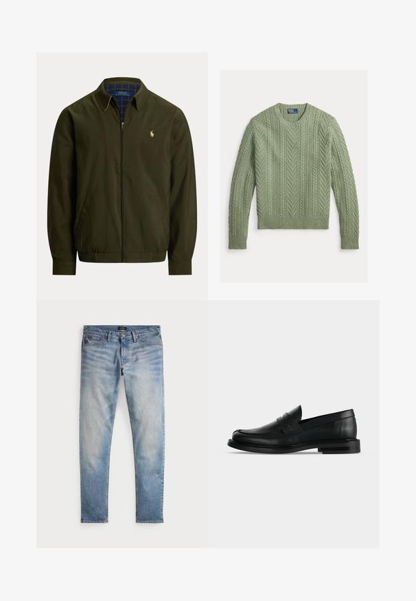 Olivgrüne Jacke mit Reißverschluss und Kragen, Seitentaschen, elastischem Saum und kleinem besticktem Polo Ralph Lauren Logo auf der Brust.; Grüner, kabelgestrickter Pullover mit Rundhalsausschnitt und gerippten Bündchen sowie Saum, mit Polo by Ralph Lauren-Label am Halsausschnitt.; Helle blaue Denim-Jeans mit einem ausgewaschenen Finish, Fünf-Taschen-Design und kontrastierenden Nähten. Mit Reißverschluss und Gürtelschlaufen. Gerade geschnitten.; Schwarzer Leder-Pennyloafer für Herren mit niedrigem, gestapeltem Absatz und abgerundetem Zehenbereich, von der Seite auf hellgrauem Hintergrund gezeigt.