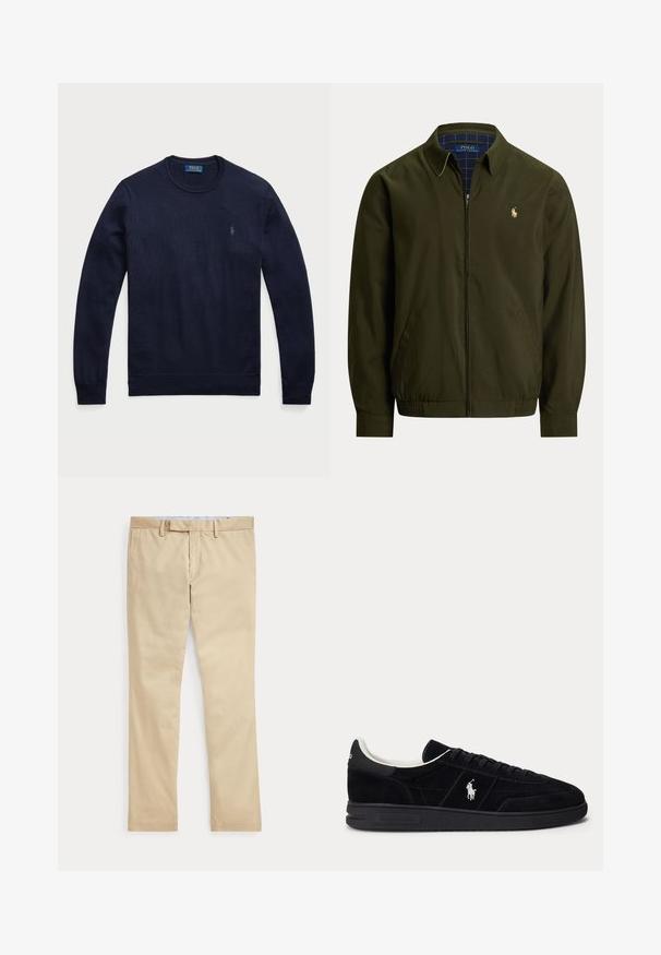 Veste zippée vert olive avec col, poches latérales, ourlet élastique et petit logo Polo Ralph Lauren brodé sur la poitrine.; Pull bleu marine à col ras du cou en tissu tricoté, avec des poignets et un ourlet côtelés, comportant un petit logo brodé sur la poitrine gauche.; Pantalon beige à jambes droites avec passants de ceinture et braguette zippée à l'avant, posé à plat sur un fond blanc.; Baskets basses noires avec lacets noirs, doublure intérieure blanche et logo Polo Ralph Lauren blanc sur le côté et le talon.