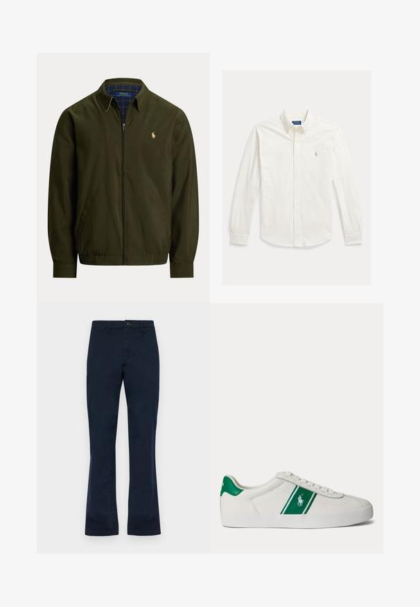 Olivgrüne Jacke mit Reißverschluss und Kragen, Seitentaschen, elastischem Saum und kleinem besticktem Polo Ralph Lauren Logo auf der Brust.; Weißes langärmeliges Hemd mit Knopfleiste und Kragen, mit Polo Ralph Lauren-Logo auf der linken Brustseite bestickt.; Navyblaue Baumwollhose mit geradem Bein, ausgestattet mit einem Knopfverschluss vorne, Gürtelschlaufen und zwei Seitentaschen. Glatte Textur.; Weißer Sneaker in Low-Top-Form mit grünem Streifen und Polo-Logo an der Seite, grünem Fersenlaschen und weißen Schnürsenkeln, von der linken Seite vor neutralem Hintergrund dargestellt.