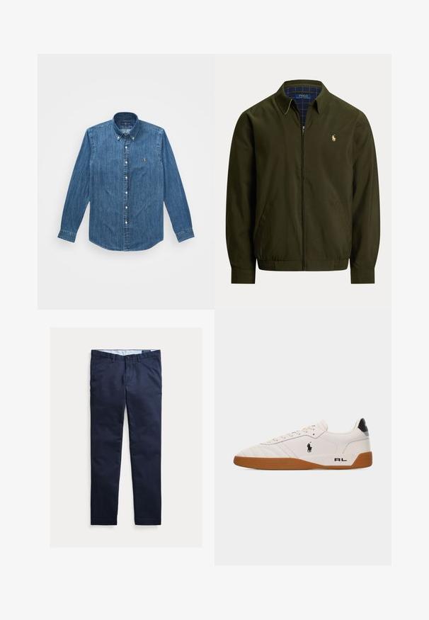 Oliven grøn lynlåstrøje med krave, sidelommer, elastisk kant og lille broderet Polo Ralph Lauren-logo på brystet.; Denimskjorte med lange ærmer, krave med knapper og et subtilt vertikalt stribe mønster, i en mellemblå farve med et logo akcent.; Marineblå herre chinos med slank pasform, bæltestropper, forreste knap og lommer, vist fladt på en hvid baggrund.; Hvid lav sneakers med brun gummisål, sort Polo Ralph Lauren-logo på siden og "RL" tekst på hælområdet.