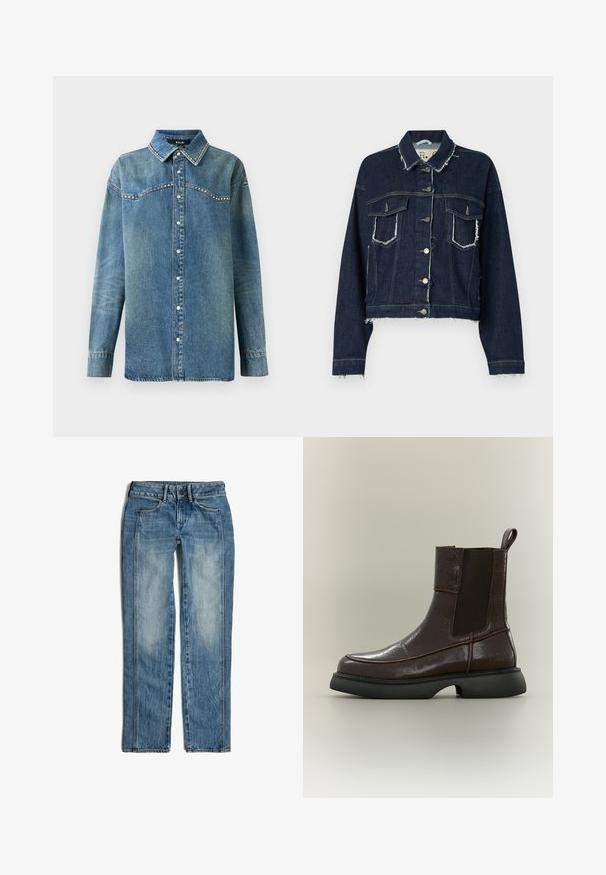 Donkerblauwe spijkerjas met een rafelige zoom, gestructureerde vorm, twee voorkruiszakken en zilveren knoopsluitingen; textuur van de stofafwerking.; Blauwe denim overhemd met lange mouwen, drukknoopsluiting, puntige kraag en strass-details langs de schouderpas en kraagranden.; Blauwe spijkerbroek met rechte pijpen, knoop en rits aan de voorkant, en twee voorzakken met vervaagde was-details.; Donkerbruine leren enkellaars met zwart elastisch zijpaneel en stevige zwarte zool op neutrale achtergrond.