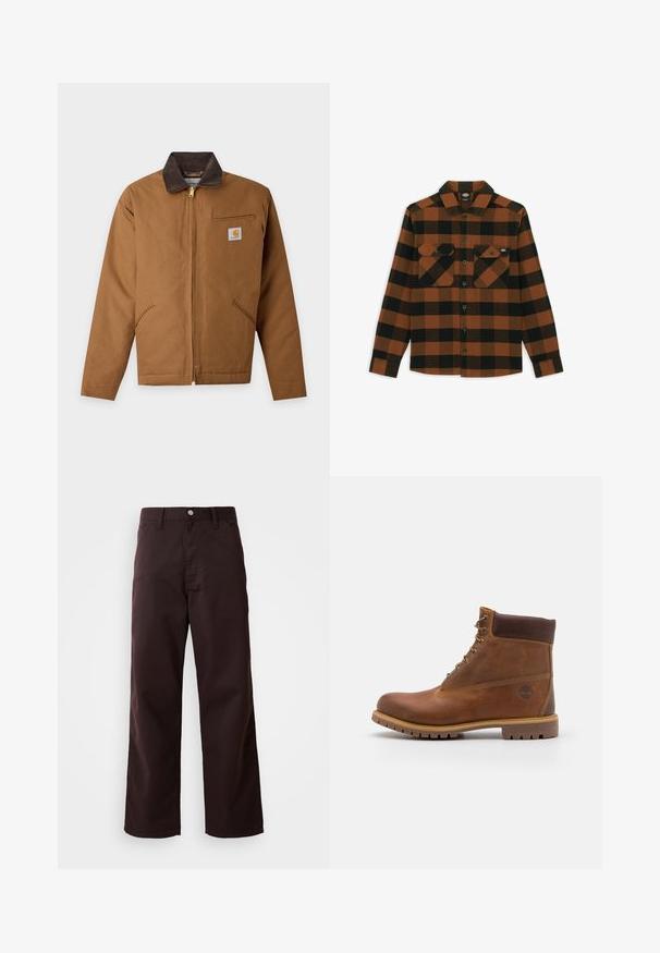 Veste de travail marron à fermeture éclair avec col marron foncé, deux poches avant, poche poitrine zippée et petit patch logo Carhartt.; Chemise à manches longues en motif écossais orange et noir, fabriquée dans un tissu texturé. Comprend deux poches poitrine et une fermeture à boutons.; Pantalons large en coton marron foncé, confectionnés dans un tissu résistant, avec une fermeture à boutons à l'avant et deux poches latérales. Texture lisse, design classique.; Botte de randonnée en cuir marron avec une finition lisse, cheville rembourrée, œillets en métal et semelle en caoutchouc dotée d'un motif de crampons robuste.