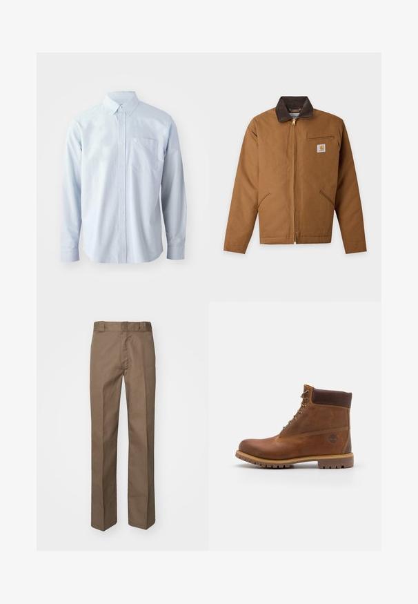 Bruine werkjas met rits en donkerbruine kraag, twee voorzakken, borstzak met rits en klein Carhartt-logo.; Lichtblauw overhemd met lange mouwen gemaakt van katoen. Voorzien van een button-down kraag, knopen aan de voorkant en een borstzak aan de linkerkant.; Brown trousers met een vlakke voorkant, rechte pijpen en een klassieke tailleband. Gemaakt van duurzame stof, zonder zichtbare patronen of versieringen.; Bruine leren wandelschoen met een gladde afwerking, gevoerde enkel, metalen oogjes en een rubberen zool met een robuust profiel.