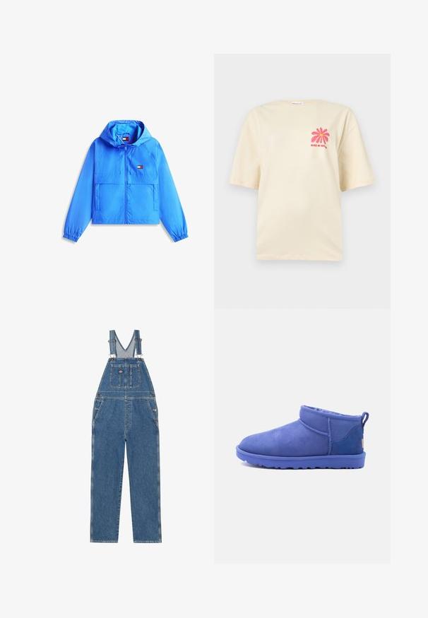 Lyseblå hættejakke med frontlynlås, elastiske ærmegab, to forlommer og lille rektangulært logo på brystet.; Kremfarvet T-shirt med korte ærmer med lille lyserødt blomsterprint og rød tekst "Bliss of Nature" på venstre bryst.; Denim overalls med justerbare stropper, V-formet brystlomme, frontlomme og sidelommer. Har en klassisk blå farve og kontrastsyninger.; Blød, ankelhøj vinterstøvle i blå ruskind med tyk sål og træksnøre bagpå, vist fra ydersiden på en ensfarvet baggrund.