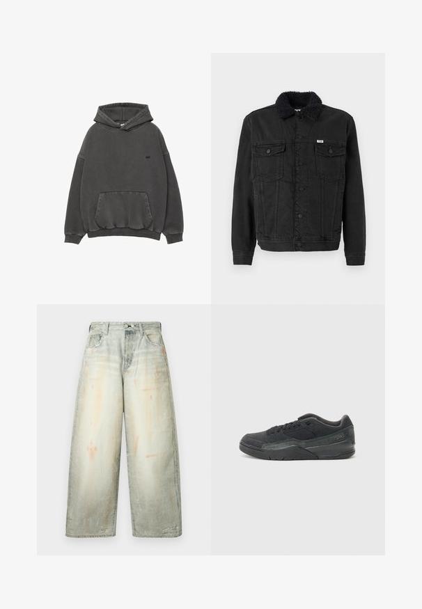 Sort denimjakke med shearling-krave, med knaplukning, to brystlommer og en struktureret pasform. Ensartet tekstur uden mønstre.; Mørkegrå hætte sweatshirt med frontlomme, ribbede ærmer og kant, samt lille sort broderet logo på brystet.; Bredbenede, gråblegede cowboybukser med højtaljet pasform, knaplukning foran, lommer og diskrete slidte detaljer.; Sort ruskinds sneaker med et struktureret meshpanel, gummiydersål, polstret krave og tonet syninger, designet til komfort og støtte.