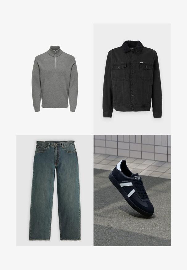 Sort denimjakke med shearling-krave, med knaplukning, to brystlommer og en struktureret pasform. Ensartet tekstur uden mønstre.; Grå halv-lynlås pullover-trøje, ribbet tekstur, høj krave, lange ærmer og en metal lynlås ved halsen. Klassisk, afslappet design.; Mørkeblå straight-leg denim jeans med knap- og lynlås-lukning, forlommer og bæltestropper på en lys grå baggrund.; Sort lædersneaker med hvide striber, tekstureret gummisål og snørrebånd foran. Har et brandet mærke på tungen.