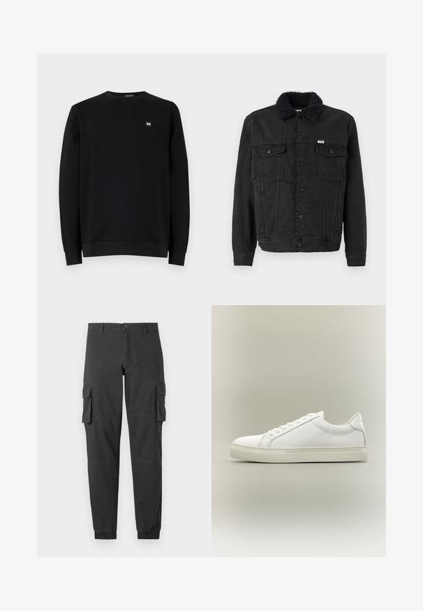 Sort denimjakke med shearling-krave, med knaplukning, to brystlommer og en struktureret pasform. Ensartet tekstur uden mønstre.; Sort sweatshirt, rund hals, lange ærmer, lavet af blødt stof. Har en lille logo-patch på brystet. Rent design, ingen mønstre.; Sorte cargo bukser med elastiske manchetter, som har flere sidelommer, knaplukning og synlige sømdetaljer.; Hvid lavtop sneaker med snørebånd foran og tyk sål, vist fra siden mod en neutral baggrund.