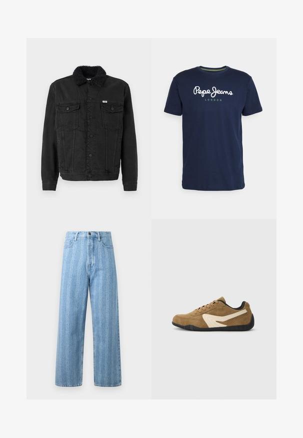 Veste en denim noir avec un col en fourrure, dotée d'une fermeture à boutons, de deux poches poitrine et d'une coupe structurée. Texture unie sans motifs.; T-shirt en coton bleu marine avec un col rond et des manches courtes. Comprend un script blanc "Pepe Jeans" et "LONDON" en vert en dessous.; Jean en denim bleu clair avec une coupe large, arborant un motif chaîne répétitif. Style classique à cinq poches avec détails en métal sur le bouton.; Sneaker en daim marron avec un design d'accent crème. Caractéristiques : semelle et lacets en caoutchouc noir, avec une silhouette élégante et profilée.