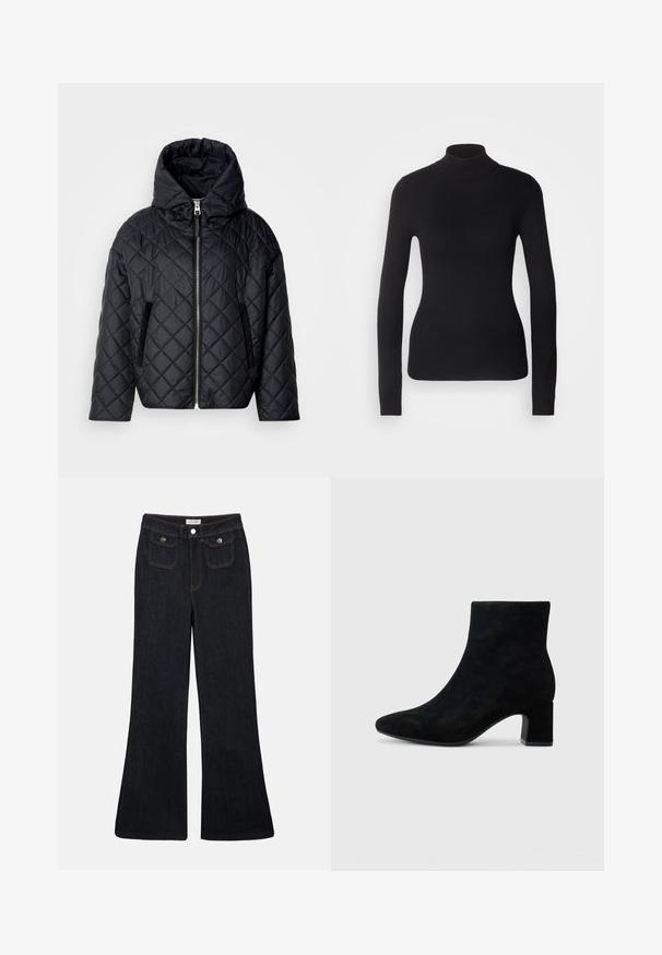 Quiltet sort pufferjakke med hætte, frontlynlås og sidelommer; har en glat overflade og blød tekstur.; Sort turtleneck sweater lavet af let strikket stof. Har lange ærmer, et tætsiddende design og en blød ribbet tekstur.; Sorte denim jeans med høj talje, flared ben, to frontlommer og orange syninger. Materialet ser solidt og glat ud.; Sorte suede ankelstøvler med spidse tæer og en lav blokhæl, med en glat overflade og minimalistisk design.