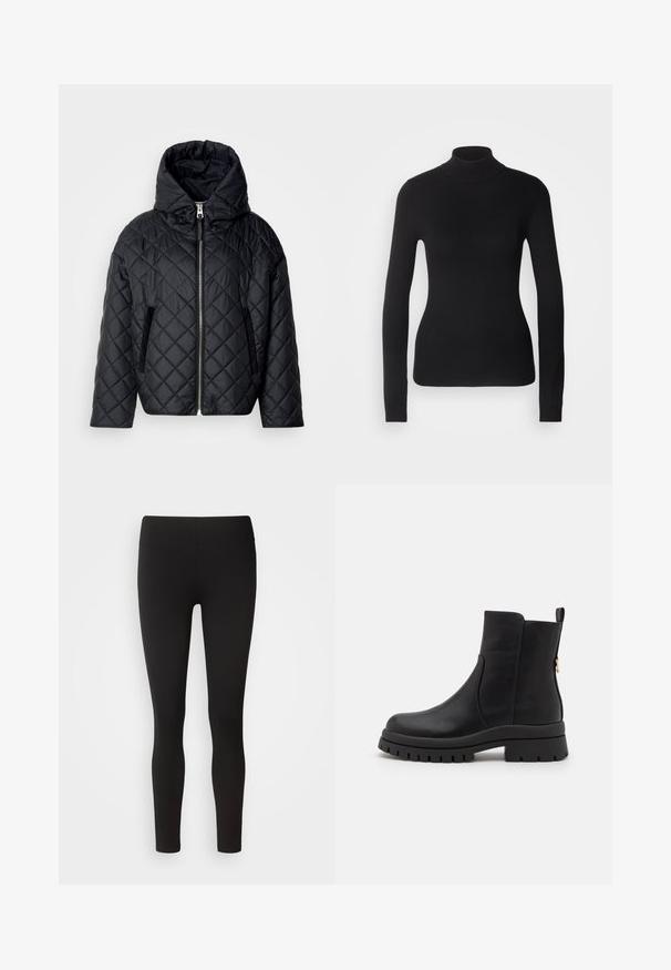 Quiltet sort pufferjakke med hætte, frontlynlås og sidelommer; har en glat overflade og blød tekstur.; Sort turtleneck sweater lavet af let strikket stof. Har lange ærmer, et tætsiddende design og en blød ribbet tekstur.; Sorte leggings lavet af strækbart stof med en sømløs talje, tætsiddende design og glat tekstur, velegnet til forskellige aktiviteter.; Sorte ankelstøvler lavet af glat læder, med en kraftig sål, elastisk panel på siden og en løkke bagpå for nem påtagning.