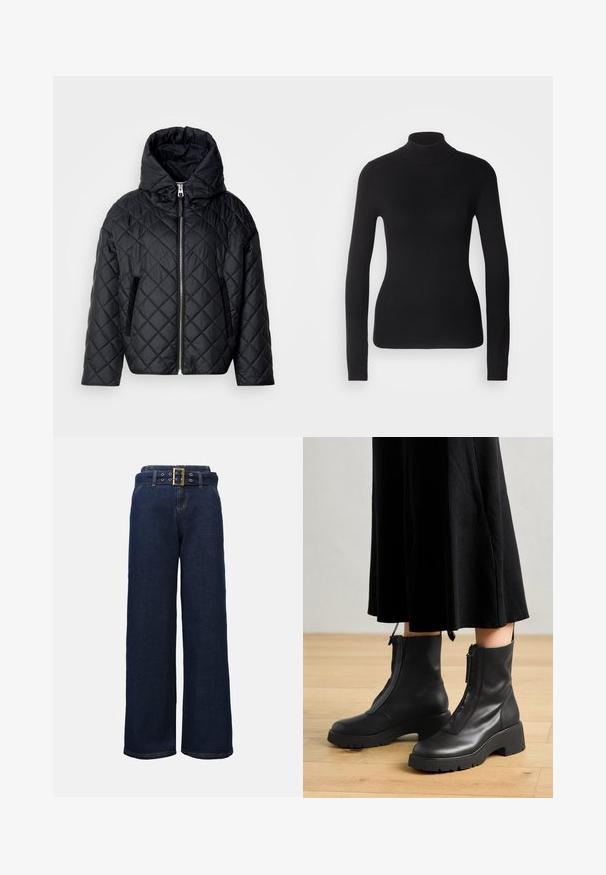 Chaqueta acolchada negra tipo plumón con capucha, cierre frontal y bolsillos laterales; presenta un acabado liso y una textura suave.; Suéter negro de cuello alto hecho de un tejido de punto ligero. Presenta mangas largas, un diseño ajustado y una suave textura acanalada.; Pantalones vaqueros de pierna ancha en azul oscuro con bolsillos cosidos y un cinturón a juego que presenta una gran hebilla rectangular dorada.; Botas de tobillo de cuero negro con suela de plataforma gruesa y cremallera delantera. Textura suave con un diseño minimalista.