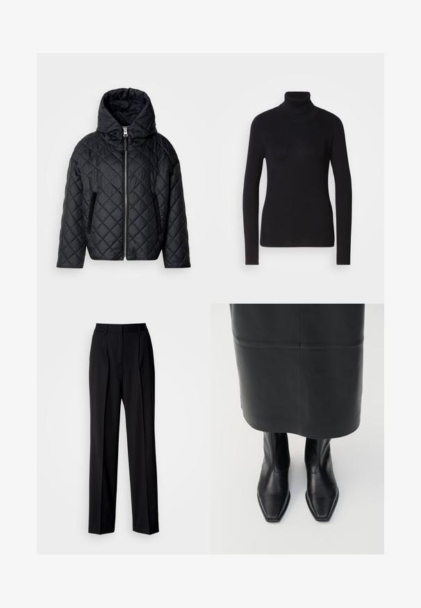Quiltet sort pufferjakke med hætte, frontlynlås og sidelommer; har en glat overflade og blød tekstur.; Sort ribbet rullekravesweater med lange ærmer. Fremstillet af strikmateriale med en tætsiddende design. Glat tekstur og høj halsdetalje.; Sorte skræddersyede bukser med høj talje, plisseringer og en vid benform. Fremstillet af glat stof med fladt foran og bæltestropper.; Sorte læder støvler med høj ankel, firkantet tådesign og sideskilt. Glat tekstur og minimal hardware; sammen med en sort lædernederdel.
