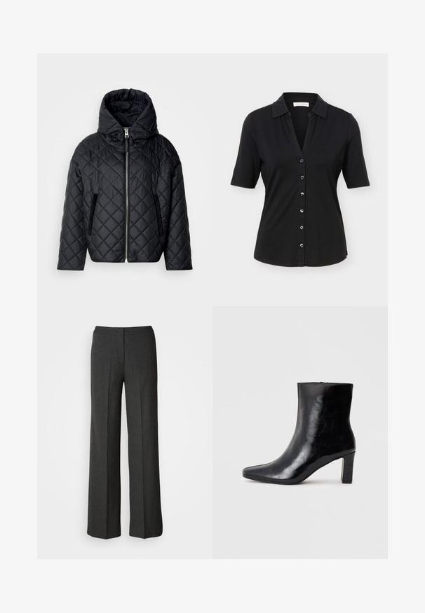 Chaqueta acolchada negra tipo plumón con capucha, cierre frontal y bolsillos laterales; presenta un acabado liso y una textura suave.; Camisa negra de manga corta con botones, cuello, seis botones al frente y una silueta ligeramente entallada.; Pantalones de pierna ancha en gris oscuro, hechos de tejido texturizado. Cuentan con una cinturilla ajustada y un sutil patrón de rayas.; Botín negro de tobillo hecho de cuero brillante, con punta afilada y un tacón de bloque medio, con una textura suave y un diseño sencillo.