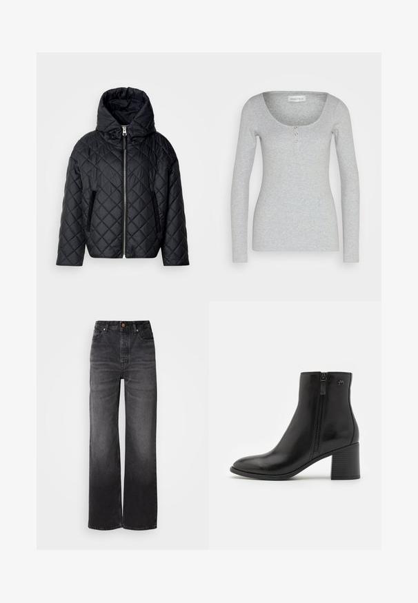 Veste matelassée noire polyvalente avec capuche, fermeture éclair à l'avant et poches latérales ; présente une finition lisse et une texture douce.; Haut gris à manches longues en tissu doux et texturé. Présente un col rond et trois boutons fonctionnels au centre à l'avant.; Jeans en denim noir évasés à taille haute, cinq poches, fermeture à bouton et texture légèrement décolorée. Tissu épais avec une coupe structurée.; Bottines noires en cuir lisse avec une fermeture éclair sur le côté. Présentent un bout pointu et un talon bloc texturé pour plus de stabilité.