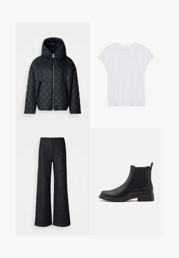 Veste matelassée noire polyvalente avec capuche, fermeture éclair à l'avant et poches latérales ; présente une finition lisse et une texture douce.; T-shirt blanc à manches courtes, col rond, coupe décontractée, en tissu de coton doux. Texture lisse, sans motifs ni logos.; Pantalon en denim noir à jambes larges avec une finition texturée, doté de passants pour ceinture et d'un ourlet net. Design classique, adapté à diverses occasions.; Bottines Chelsea en cuir noir avec des panneaux latéraux élastiques, bout arrondi et un petit talon en bloc. Texture lisse et design minimaliste.