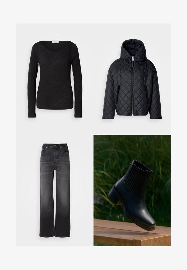 Chaqueta acolchada negra tipo plumón con capucha, cierre frontal y bolsillos laterales; presenta un acabado liso y una textura suave.; Blusa negra de manga larga hecha de una tela ligera y texturizada. Presenta un escote en forma de scoop y una silueta ajustada con un detalle mínimo.; Vaqueros de mezclilla negros acampanados con talle alto, cinco bolsillos, cierre de botón y una sutil textura deslavada. Tejido grueso con un ajuste estructurado.; Bota negra de cuero hasta el tobillo con paneles laterales elásticos y tacón bajo de bloque, posicionada en el aire sobre una superficie de madera con un fondo de follaje verde.