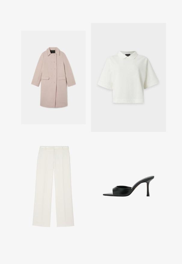 Manteau en mélange de laine rose avec un col, fermeture double boutonnage et deux poches avant. Présente un tissu texturé et des accents de boutons.; Top court blanc à manches courtes, texturé, avec un col pointu, une coupe ample et un motif chevron subtil, présenté sur un fond blanc uni.; Pantalon blanc droit, sur mesure, avec une taille haute élastique et des poches latérales, présenté à plat sur un fond blanc.; Mules noirs en cuir à bout ouvert avec un design courbé et un talon aiguille. Texture lisse et style minimaliste, avec une découpe à l'avant.