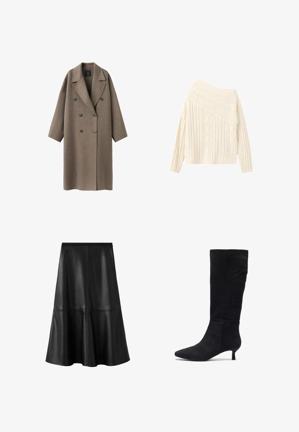 Manteau croisé en laine marron avec un large revers, des épaules tombantes et deux gros boutons. Texture lisse et coupe oversize.; Pull en tricot crème avec un design épaule dénudée, présentant des motifs texturés en losange et en côtes, des manches longues et un ourlet ajusté.; Jupe droite en cuir noir présentant une texture lisse, une coupe longueur genou et des coutures discrètes pour un intérêt visuel varié.; Zign by Zalando Bottes - black
