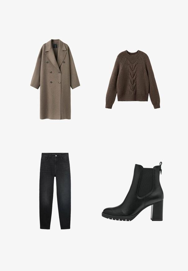 Brun uld dobbeltradet frakke med bredt revers, sænkede skuldre og to store knapper. Glat tekstur og overdimensioneret pasform.; Brun strikket sweater med rund halsudskæring, lange ærmer og et kabelstrikdesign, der løber ned langs fronten. Ribbet kant og manchetter.; Sorte denim jeans med lige ben-design, fem lommer, en lynlås og en metalknap. Glat tekstur med middel vægt.; Tamaris CHELSEA - Plateaustøvletter - black