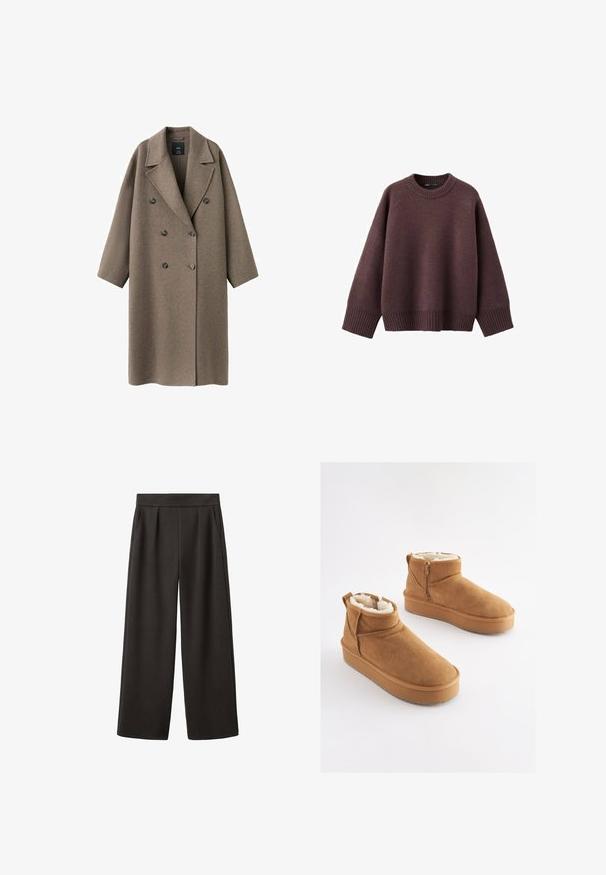 Brun uld dobbeltradet frakke med bredt revers, sænkede skuldre og to store knapper. Glat tekstur og overdimensioneret pasform.; Løs pasform sweater i mørk bordeaux, lavet af blødt strikket stof. Har en ribstrikket rund hals, vide ærmer og en ribstrikket kant.; Vidbenede sorte bukser med glat tekstur, foldet front og to sidelommer, med en tætsiddende talje.; Lysebrune ankelstøvler i ruskind med imiteret pelsforing, flad platformssål og lynlås i siden for nem påtagning. Har rundet tå og minimal syning.