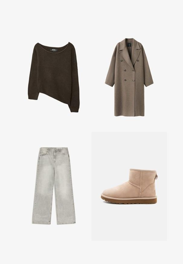 Brun uld dobbeltradet frakke med bredt revers, sænkede skuldre og to store knapper. Glat tekstur og overdimensioneret pasform.; Brun, løst strikket sweater med en asymmetrisk kant og bred halsudskæring. Blød tekstur med ribbede manchetter og et mærke på den indvendige halsudskæring.; Grå denim jeans med brede ben har en falmet finish, fem lommer og metalhardware. Stoffet har en blød tekstur med en ren kant.; Beige ruskindsankelstøvle med rund tå, synlige sting og en tekstureret brun gummisål. Har en træksløjfe på bagsiden.