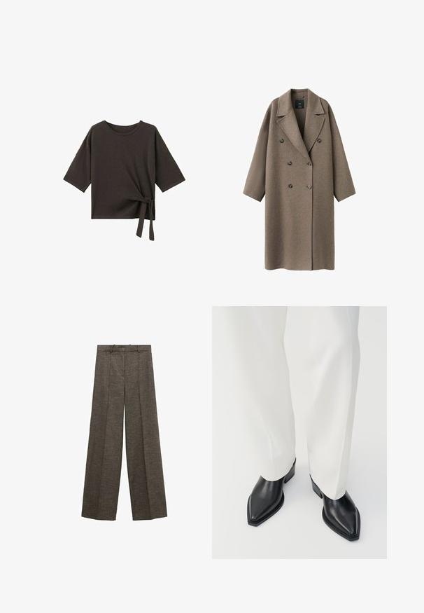 Manteau croisé en laine marron avec un large revers, des épaules tombantes et deux gros boutons. Texture lisse et coupe oversize.; Chemise noire à manches courtes avec un col rond et un détail noué sur le côté en bas de l'ourlet droit.; Pantalon large marron avec plis à l'avant, passants de ceinture et tissu texturé.; Bottines noires à bout pointu en cuir lisse, avec des talons bas en bloc, associées à un pantalon large blanc. Design simple et moderne.