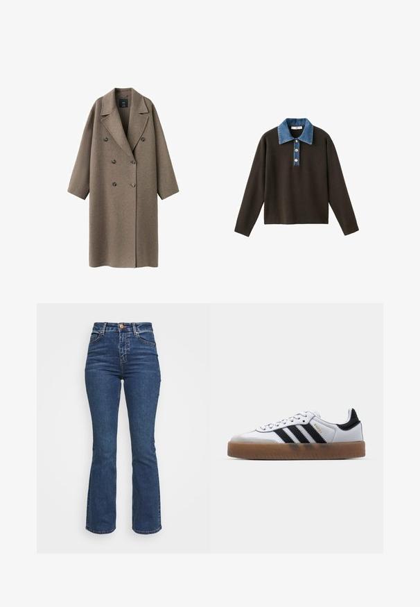 Brun uld dobbeltradet frakke med bredt revers, sænkede skuldre og to store knapper. Glat tekstur og overdimensioneret pasform.; Brun langærmet pullover med en blå denimkrave og tre knapper foran; har en glat tekstur og en afslappet pasform.; Højtaljede blå jeans lavet af denim. Flared ben-design med knaplukning og lommer. Har en klassisk vask og syning detaljer.; Hvide lædersneakers med sorte striber, gummirubber sål, rund tå, snørelukning og blød grå ruskinds tåhætte.