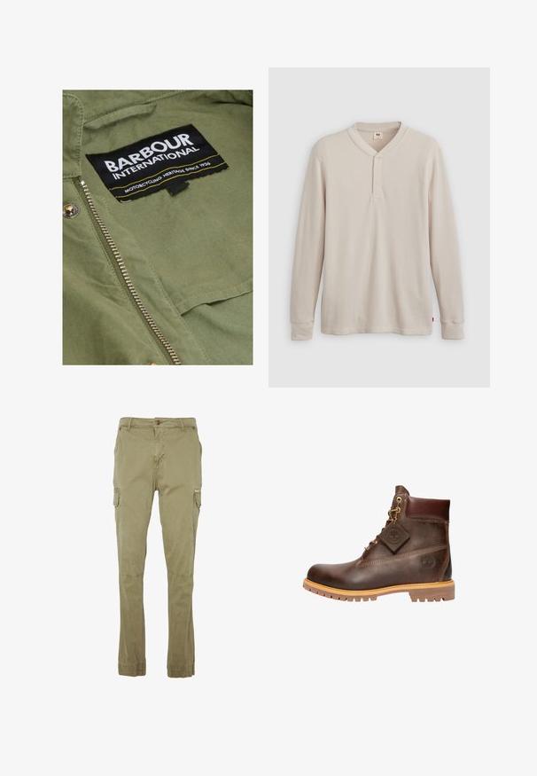 Close-up van de binnenkant van een groen jack met een Barbour International-label en een zilveren metalen rits.; Lange mouwen henley-shirt in lichtbeige ribbelstof, met een V-hals, een drieknoopsluiting en manchetten. Rode logo-label aan de onderkant.; Cargo broeken in kaki, gemaakt van een katoenmix. Voorzien van meerdere zijzakken, een knoopsluiting en elastische boorden bij de enkels.; Bruine leren enkelboot met een ronde neus, stevige zool, hardware in goudkleur en een gestructureerde bovenkant. Inclusief een merklabel dat is bevestigd.