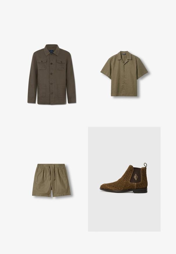 Bruine lange jas met knopen, kraag, twee borstzakken met kleppen en knopen, en twee lagere voorzakken.; Olivengroen kortärmelig blouse met knopen en campkraag, plat neergelegd op een lichte achtergrond.; Khaki korte broek met elastische taille, verstelbaar koordjes en zijzakken, gemaakt van lichtgewicht stof.; Bruin geweven enkelboot met een spitse neus, elastische zijkanten en een luslabel aan de achterkant. Voorzien van een diamantaccent aan de buitenkant.