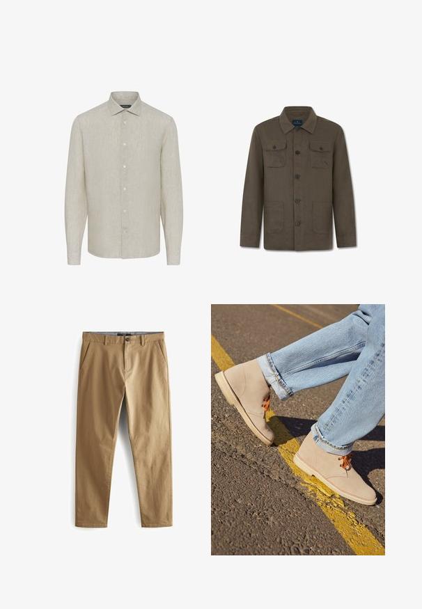 Braune, mit Knöpfen versehene Jacke mit langen Ärmeln und Kragen, zwei Brustklappentaschen mit Knöpfen und zwei unteren Fronttaschen.; Helles beige Langarmhemd aus Leinen mit schlichter Struktur, spitzem Kragen und sechs Knöpfen vorne, mit Knopfmanschetten.; Next STRETCH - Stoffhose - dark sand; Beige Wildleder-Ankelboots mit orangefarbenen Schnürsenkeln, runder Spitze und einer leichten Gummisohle, kombiniert mit hellblauen, umgeschlagenen Jeans.