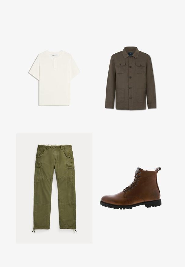Bruine lange jas met knopen, kraag, twee borstzakken met kleppen en knopen, en twee lagere voorzakken.; Crèmekleurig geribd gebreid T-shirt met korte mouwen, ronde hals en drieknops boord, plat gelegd op een witte achtergrond.; Olijfgroen cargo pants van gestructureerde katoen, met zijzakken, elastische boorden en een knoopsluiting bij de taille.; Bruine leren enkelbotten met een gestructureerde afwerking, metalen oogjes en een zwarte rubberen profielzool. Voorzien van een trekband aan de achterkant voor gemakkelijke instap.