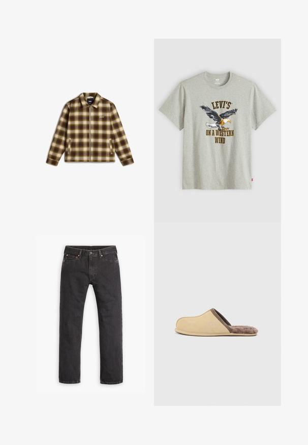 Bruine en gele geruite jas van lichtgewicht stof, met ritsluiting en zijzakken. Voorzien van een puntkraag en logo op de borst.; Lichtgrijs Levi's t-shirt met een afbeelding van een vliegende adelaar en de tekst "LEVI'S ON A WESTERN WIND" in oranje en zwart.; Zwarte denim jeans met rechte pijpen, vijf zakken, knoopsluiting en koperen klinknagels, plat gelegd op een witte achtergrond.; Beige instapslof met bruine bies en zachte bontvoering, platte zool en gesloten neus, zijaanzicht tegen een effen lichte achtergrond.