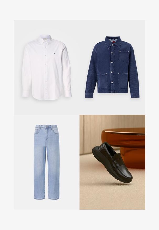 Denim jack met een donkerblauwe kleur, knopen aan de voorkant en twee voorkruiszakken. Heeft een kraag en subtiele stiksels.; Witte button-up shirt gemaakt van katoen, met een klassieke kraag, lange mouwen en een klein CK-logo op de linkerborst. Glad oppervlak.; Lichtblauwe denim jeans met een ontspannen, wijde pasvorm. Kenmerken zijn onder andere vijf zakken, een sluiting met een knoop aan de voorkant en subtiele vervaging.; Zwarte leren loafer met dikke zool, weergegeven boven een beige tapijt en dichtbij een ronde amberkleurige tafelpoot.