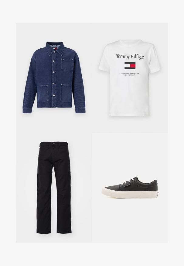Denim jack met een donkerblauwe kleur, knopen aan de voorkant en twee voorkruiszakken. Heeft een kraag en subtiele stiksels.; Wit T-shirt met korte mouwen met tekst "Tommy Hilfiger", rood, wit en blauw logo en "Established MCMLXXXV New York City" eronder gedrukt.; Zwarte canvasbroek met een rechte pijp, voorzien van een voorste knoopsluiting, riemlussen en zijzakken. De textuur is soepel en duurzaam.; Zwarte synthetische sneakers met witte rubberen zolen, voorzien van witte veters en een subtiel logo op de zijkant. Ronde neus en laag model.