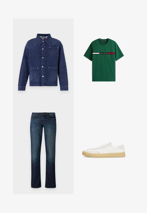 Jeansjacke in Dunkelblau, mit Knopfverschluss auf der Vorderseite und zwei Fronttaschen. Verfügt über einen Kragen und dezente Nähte.; Grünes Baumwoll-T-Shirt mit einem horizontalen Streifen, der den Text "TOMMY HILFIGER" in Schwarz zeigt, flankiert von roten und weißen Streifen. Kurze Ärmel.; Dunkelblaue Jeans aus Denim mit geradem Schnitt, fünf Taschen, dezentem Verblassen und Stickakzenten. Hergestellt aus weichem, strapazierfähigem Stoff.; Weiße Sneaker aus Leder und Wildleder, mit einem Schnürdesign, einer hellbraunen Gummisohle und einem kleinen Logo an der Seite.