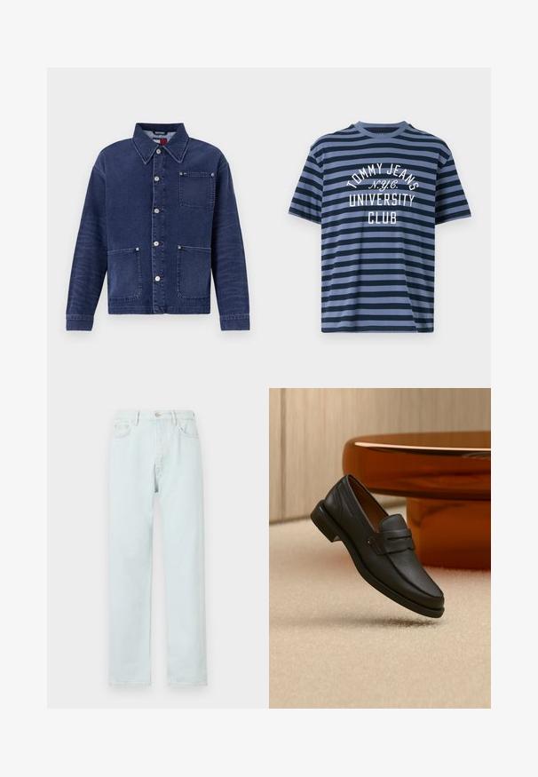 Jeansjakke i mørkeblå farve, med knaplukning foran og to forlommer. Har en krave og diskrete syninger.; Tommy Jeans STRIPE TEE - T-shirts print - dark night navy/blue moment; Lyseblå lige bukser lavet af denim, med knaplukning, diskret slid, og fem-lomme design.; Sort læder herreloafer med bånd tværs over toppen, vist på beige tæppe nær et brunt moderne rundt bord.
