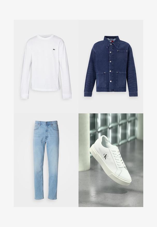 Jeansjakke i mørkeblå farve, med knaplukning foran og to forlommer. Har en krave og diskrete syninger.; Hvid langærmet T-shirt lavet af bomuld. Har en ribbet rund halsudskæring og et lille grønt broderet logo på brystet. Simpelt design.; Lys blå denim jeans med lige pasform, fem lommer og bæltestropper. Stoffet har en glat overflade med en let falmningseffekt.; Hvid Calvin Klein sneaker med snørebånd, vist svævende over en poleret betongulv og en baggrund af glasblokke.