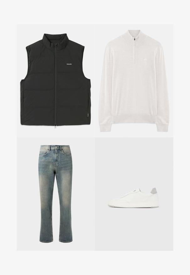Schwarze Steppweste mit hohem Kragen, Reißverschluss und ohne Ärmel. Leichtes Material mit sichtbaren Nähten und kleinem Logo auf der Brust.; Hellbeige langärmliger Strickpullover mit geripptem Kragen, Bündchen und Saum, ausgestattet mit einem halben Reißverschluss am Hals.; Hellblaue Denim-Jeans mit geradem Bein, mittelhoher Taille und subtilen Ausbleichungen. Verfügt über klassische Taschenstil und Kontrastnähte.; Weißer Sneaker mit niedrigem Schaft, grauem Fersenlaschen, weißen Schnürsenkeln und einer strukturierten Sohle, dargestellt vor einem schlichten hellen Hintergrund.
