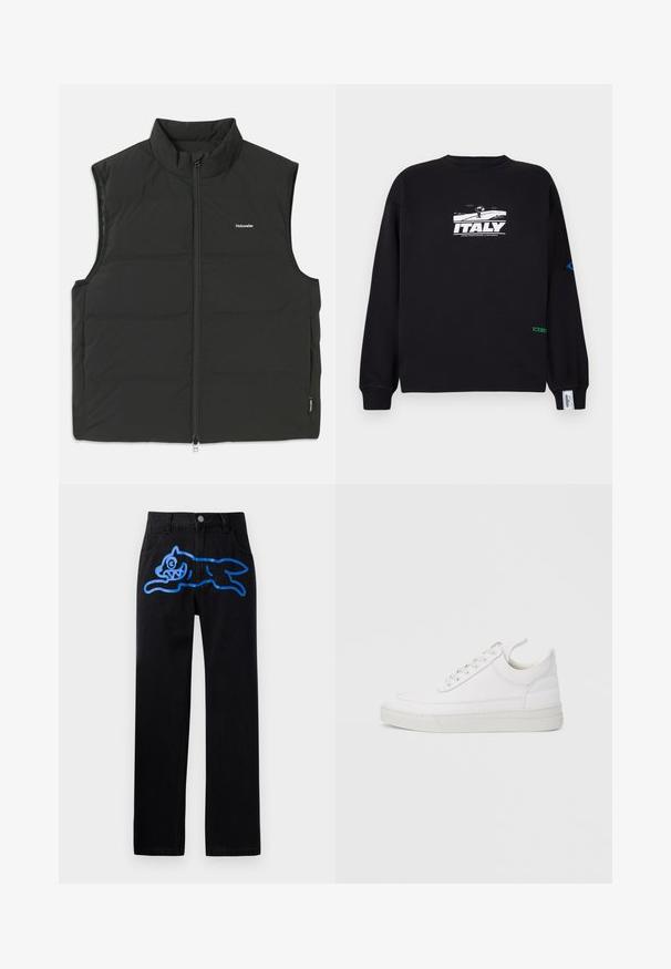 Schwarze Steppweste mit hohem Kragen, Reißverschluss und ohne Ärmel. Leichtes Material mit sichtbaren Nähten und kleinem Logo auf der Brust.; Iceberg Sweatshirt - nero; Schwarze Denim-Hosen mit lockerer Passform, die auf der Vorderseite ein lebhaftes blaues Grafikdesign eines springenden Katers zeigen. Klassisches Fünf-Taschen-Design.; Weißer Ledersneaker mit abgerundetem Zehenbereich, flacher Sohle und Schnürverschluss. Verfügt über Nahtdetails und einen gepolsterten Kragen für zusätzlichen Komfort.