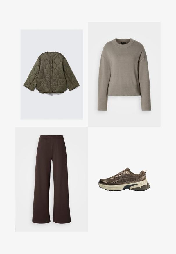 Olijfgroene gewatteerde jas met een ronde halslijn, grote knopen, twee voorzakken en een getextureerd golfpatroon. Lange mouwen, losse pasvorm.; Lichtgrijs cropped sweater met een ronde halslijn, doorgeschoven schouders en ribgebreide manchetten en zoom. Zachte textuur, eenvoudig ontwerp.; Brede broekspijpen in donkerbruin, gemaakt van zachte stof met een elastische tailleband en een nette zoomafwerking, ideaal voor comfort en casual draagstijl.; Bruine mesh sportschoen met beige dikke zool en zwarte profiel, gedetailleerde zijstrepen en veters, gezien vanaf de buitenkant.