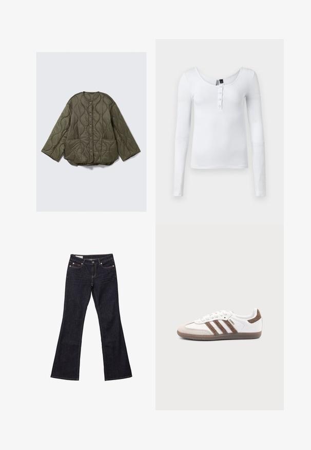 Olivengrøn quiltet jakke med rund halsudskæring, store knapper, to forlommer og et tekstureret bølgemønster. Lange ærmer, afslappet pasform.; Hvid langærmet ribbet top med scoop-neck og fire knapper foran. Stoffet har en glat tekstur og en tætsiddende pasform.; Mørkeblå denim bukser med flared ben, fem lommer, kobbernitter og kontrastsyet. Glat tekstur med en lige, afslappet pasform.; Hvid Adidas Samba sneaker med brune ruskindstriber, brun gummisål og beige ruskindståhætte, vist fra ydersiden på en ensfarvet baggrund.