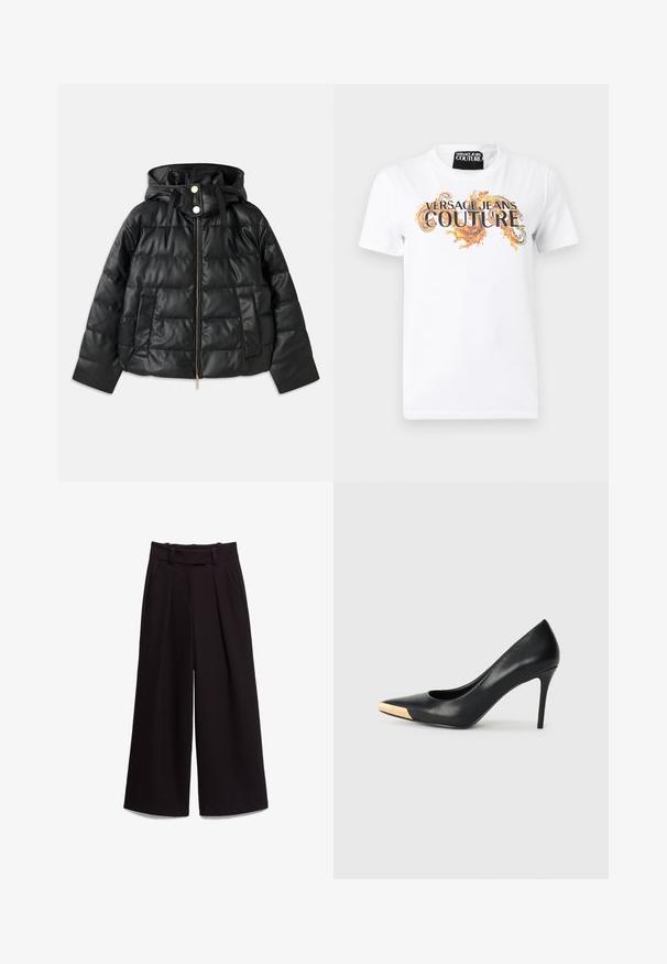 Zwarte pufferjack met een capuchon, gemaakt van kunstleer. Heeft een geribbelde textuur, een ritssluiting aan de voorkant, drukknoopsluiting en twee zijzakken.; Wit T-shirt met korte mouwen met de tekst "Versace Jeans Couture" en oranje decoratieve krullen op de voorkant, ronde hals.; Zwarte broek met wijde pijpen, hoge taille, riemlussen, zijzakken en plooien aan de voorkant, plat gelegd op een witte achtergrond.; Zwarte leren hoge hak pump met een spitse neus; heeft een metallic gouden accent op de neuskap. Glad oppervlak met een stijlvolle vormgeving.