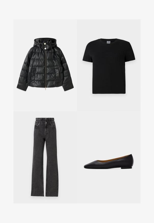 Sort puffjakke med hætte, lavet af faux læder. Har ribbet tekstur, en frontlynlås, trykknapper og to sidelommer.; Sort bomulds t-shirt med rund hals og korte ærmer. Enkel design, ingen mønstre eller detaljer, med lige skæring ved taljen.; Sorte højtaljede jeans har en lige ben-design, subtile slidte detaljer og metalknap hardware i taljen.; Sort læder flad sko med spids tå, lav hæl og glat finish, vist fra siden på en lysegrå baggrund.